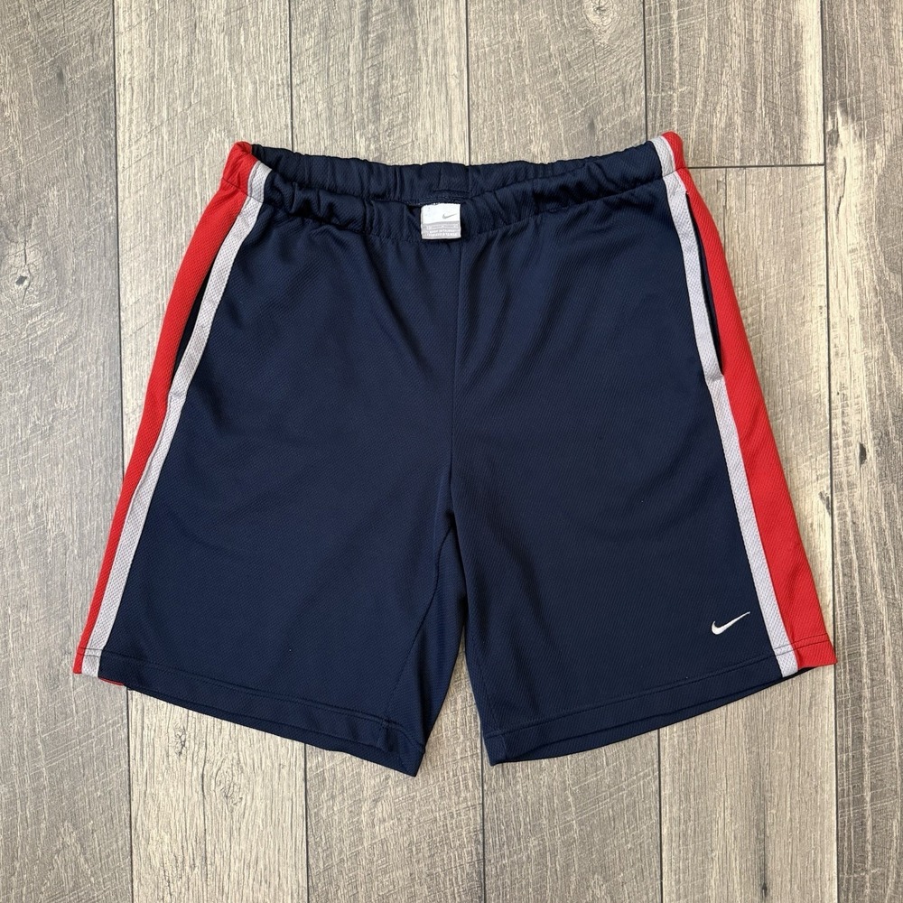 VTG Nike Basketball Shorts Navy Red Gray Swoosh Mens Medium Athletic Gym Y2K USA